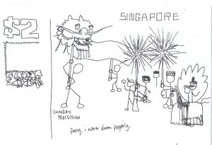 A hand drawn postcard featuring the Chingay Procession. A stick figure is holding on to a pole with a dragon's head on it. Other stick figures wearing songkok and riding floats follow behind. The postcard has a value of two dollars on its top left corner. It says "Singapore" on the top right. "Sorry I never draw properly" is written on the bottom.