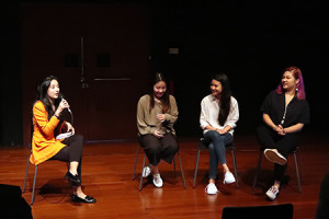 Juliana (left) hosting a post-show dialogue during her class's eight-week residency at Centre 42 in 2019.