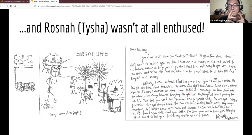Weiliang shares a sample of a postcard exchanged with Tysha Khan who pretended to be Rosnah from 1995.