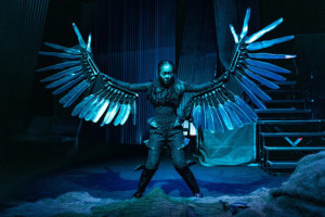 The stunning realisation of Myra’s initial vision of the woman transforming into a crow. Jo Kwek wears a textured full body costume with removable wing appendages fastened on both arms. Photo: TFP.